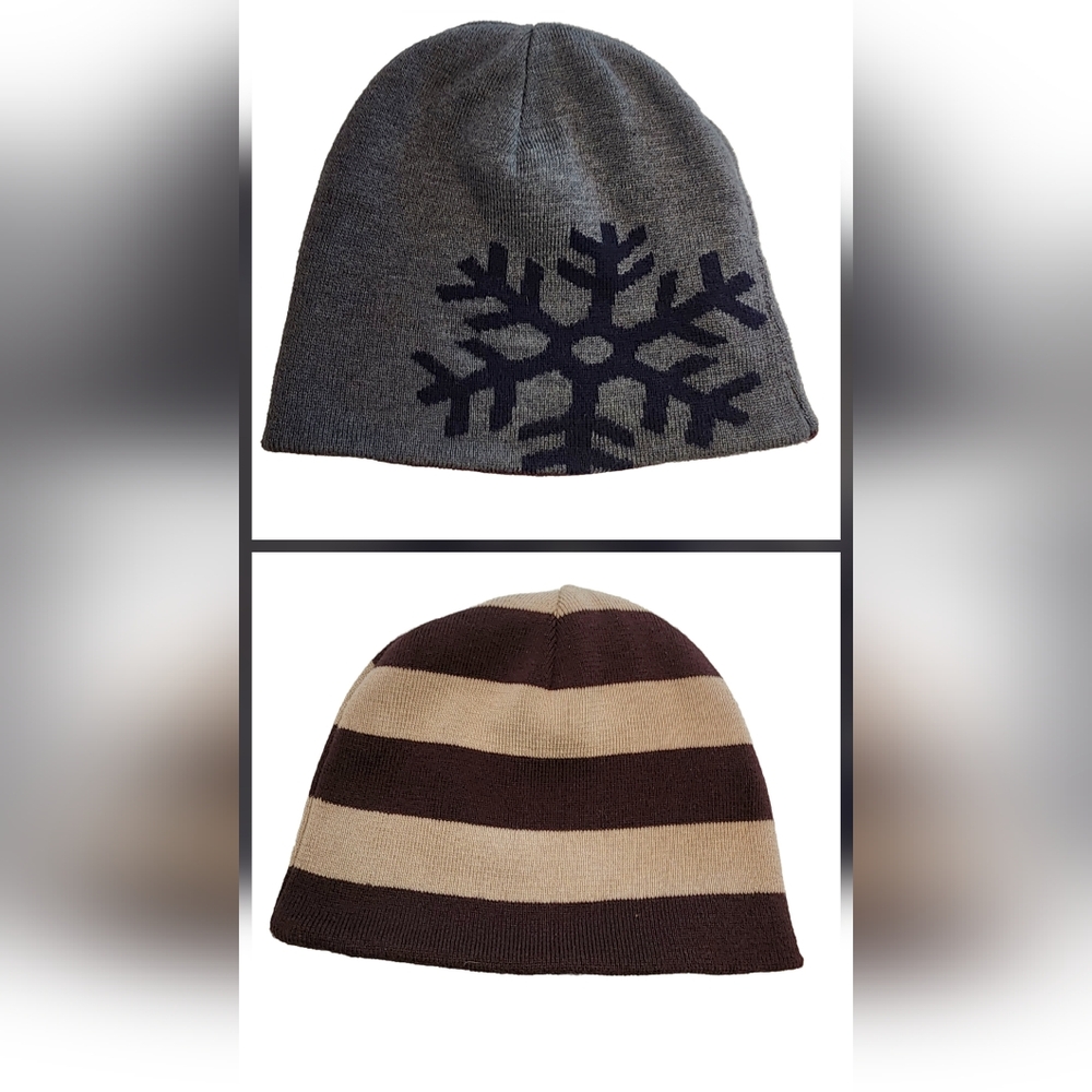 Reversible Gray Snowflake and Brown/Cream Striped Beanie
